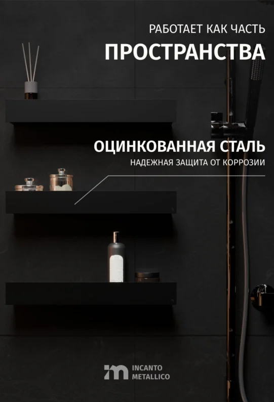 Полки для ванной настенные без сверления на липучках черные металлические 45 х 10 х 6 см, для шампуней и косметики, набор 3 шт